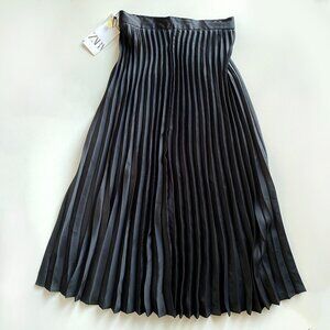 Zara NWT Pleated Satin Midi Side Zip Skirt Black Size L
